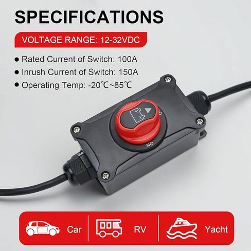 Top Post Battery Disconnect Switch, 100A 12-32V On/Off, Waterproof Heavy-Duty Battery Disconnect Switch with 8AWG Wire for Cars, Vehicles, RVs, and Boats in Saudi Arabia