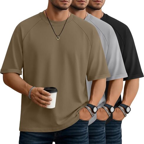3 Pack Mens Oversized T-Shirts Rolled Short Sleeve Tee Crew Neck Raglan Loose Shirts Solid Summer Casual Tops in Saudi Arabia