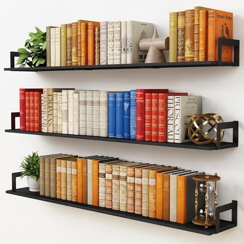 48 Inch Floating Shelves for Wall Set of 3, Long Wall Book Shelves for Bedroom Living Room, Large Vintage Floating Bookshelf for Office Classroom Library Kitchen Closet Organizer (Black) in Kuwait