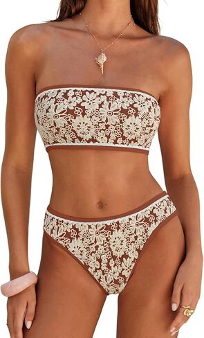 ZAFUL Bikini Set for Women Strapless Textured Bandeau Bikini Two Piece Swimsuit Lace up Bathing Suits in Saudi Arabia