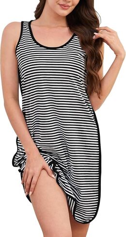 قمصان نوم للنساء من القطن المخطط بدون أكمام، ملابس نوم للسيدات، فستان صيفي برقبة واسعة، قميص نوم in Kuwait