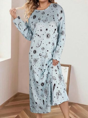 Plus-Size Women's Long-Sleeved Nightgown: Light Blue Base With Black Space Print, Round Neck, Soft Fabric, Loungewear in Saudi Arabia
