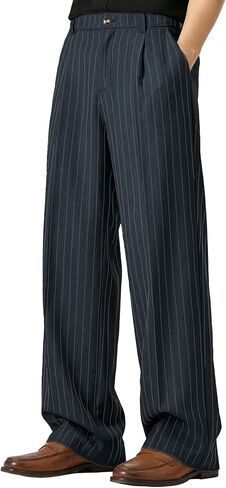 Susclude Mens Pinstripe Casual Dress Pants Old Money Wide Leg Baggy Pleated Slacks Elastic Wasist Loose Fit Work Trousers in Saudi Arabia