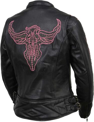 Milwaukee Leather MLL2570 Women's 'Phoenix Embroidered' Black and Fuchsia Pink Leather Motorcycle Jacket - Medium in Kuwait