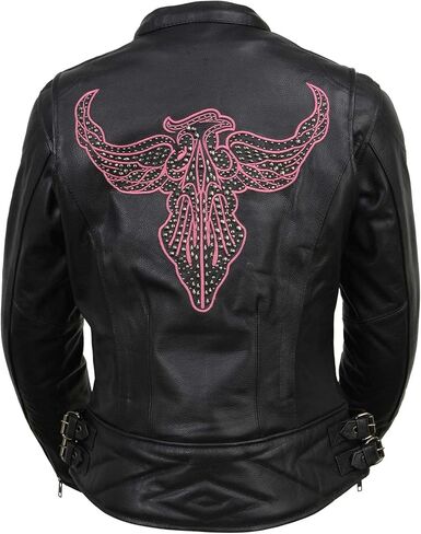 Milwaukee Leather MLL2570 Women's 'Phoenix Embroidered' Black and Fuchsia Pink Leather Motorcycle Jacket - Medium in Kuwait