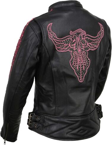 Milwaukee Leather MLL2570 Women's 'Phoenix Embroidered' Black and Fuchsia Pink Leather Motorcycle Jacket - Medium in Kuwait