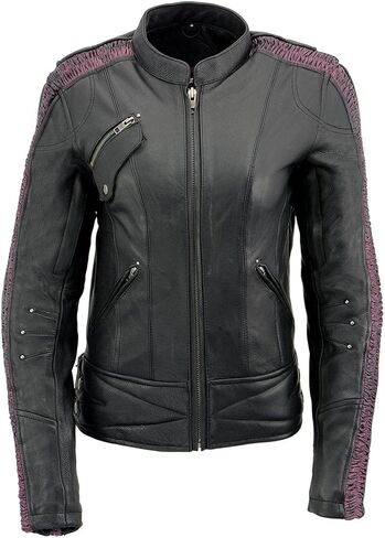 Milwaukee Leather MLL2570 Women's 'Phoenix Embroidered' Black and Fuchsia Pink Leather Motorcycle Jacket - Medium in Kuwait