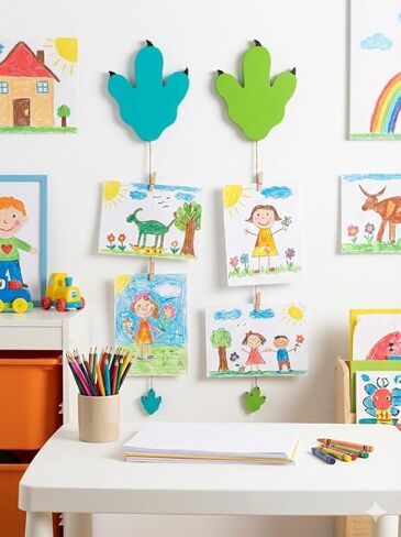 Wooden Dinosaur Footprint Photo Clip Holders, 4-Pack Hanging Picture/Art Display for Kids Room, Nursery, Playroom Wall Decor Gifts for Boy in Saudi Arabia