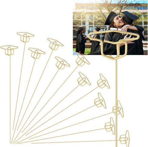 Rtteri 12 Pcs 2026 Grad Cap Graduation Picture Holder 12'' Gold Photo Holders Stick Floral Place Card Holder Metal Wire Floral Picks Picture Bouquet Kit for Flower Arrangement Class of 2026 Grad Party in Saudi Arabia