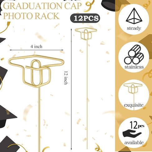 Rtteri 12 Pcs 2026 Grad Cap Graduation Picture Holder 12'' Gold Photo Holders Stick Floral Place Card Holder Metal Wire Floral Picks Picture Bouquet Kit for Flower Arrangement Class of 2026 Grad Party in Saudi Arabia
