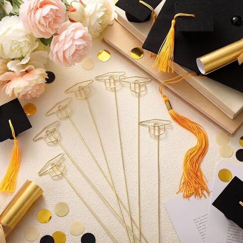 Rtteri 12 Pcs 2026 Grad Cap Graduation Picture Holder 12'' Gold Photo Holders Stick Floral Place Card Holder Metal Wire Floral Picks Picture Bouquet Kit for Flower Arrangement Class of 2026 Grad Party in Saudi Arabia