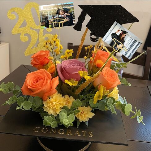 Rtteri 12 Pcs 2026 Grad Cap Graduation Picture Holder 12'' Gold Photo Holders Stick Floral Place Card Holder Metal Wire Floral Picks Picture Bouquet Kit for Flower Arrangement Class of 2026 Grad Party in Saudi Arabia