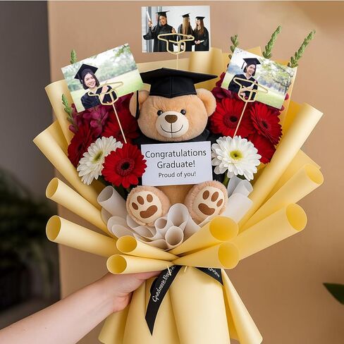 Rtteri 12 Pcs 2026 Grad Cap Graduation Picture Holder 12'' Gold Photo Holders Stick Floral Place Card Holder Metal Wire Floral Picks Picture Bouquet Kit for Flower Arrangement Class of 2026 Grad Party in Saudi Arabia