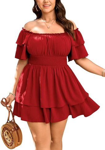 SCOMCHIC Women Plus Size Romper Dress Summer Off The Shoulder Square Neck Short Sleeve High Waist Ruffle Boho Short Jumpsuit in Saudi Arabia