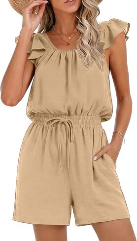 Women's Summer Casual Square Neck Romper Ruffle Sleeves Drawstring Jumpsuit with Pockets in Kuwait