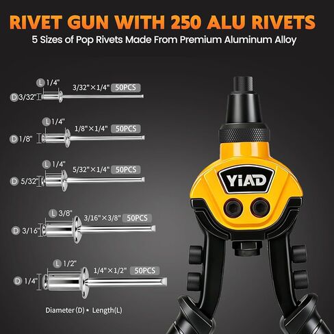 Heavy Duty Rivet Gun,Professional Pop Rivet Gun Kit with 250 Blind Rivets 10" Hand Riveter with 5 Free Interchangeable Rivet Heads 1/4 ",3/16", 1/8",3/32"Manual Riveting Tool for Metal,Gutter,Auto in Saudi Arabia