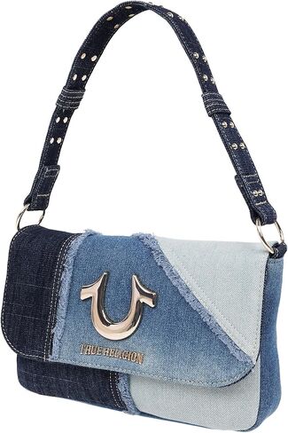 True Religion Women's Hobo Bag, Frayed Denim Horseshoe Shoulder Purse Handbag with Chain Strap, Denim Blue in Saudi Arabia