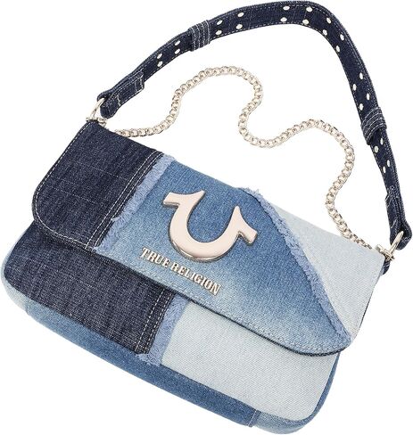 True Religion Women's Hobo Bag, Frayed Denim Horseshoe Shoulder Purse Handbag with Chain Strap, Denim Blue in Saudi Arabia