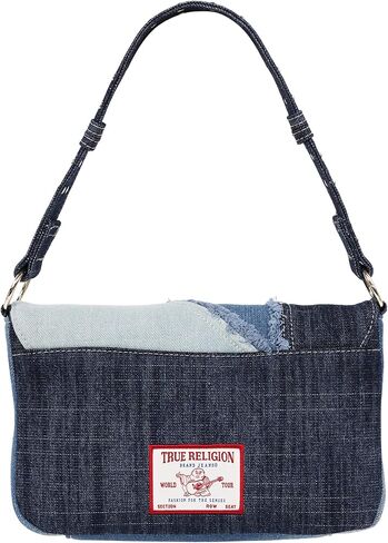 True Religion Women's Hobo Bag, Frayed Denim Horseshoe Shoulder Purse Handbag with Chain Strap, Denim Blue in Saudi Arabia