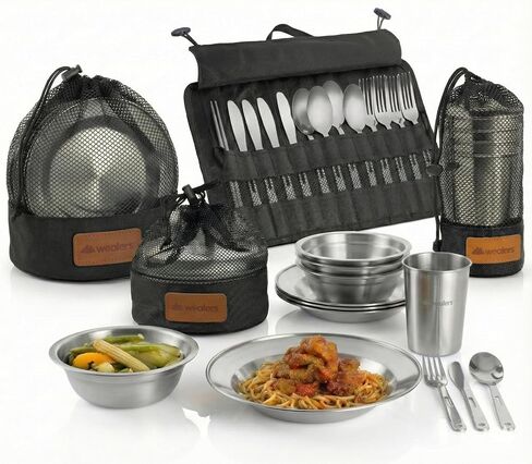 Wealers Unique Complete Messware Kit Polished Stainless Steel Dishes Set| Tableware| Dinnerware| Camping| Buffet| Includes - Cups | Plates| Bowls| Cutlery| Comes in Mesh Bags (4 Person Set) in Kuwait