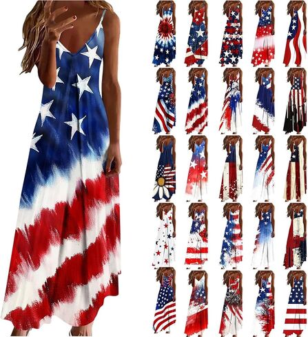 فساتين JIEMUXIU الرابع من يوليو للنساء فستان ماكسي كامي العلم الأمريكي بدون أكمام فستان الشاطئ والمنتجعات لقضاء العطلات فستان الشمس in Kuwait