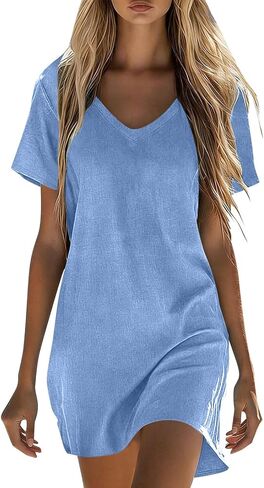 فساتين كتان للنساء فستان صيفي كاجوال بأكمام قصيرة وملابس لقضاء العطلات على الشاطئ مع جيوب in Kuwait