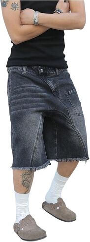 شورت جينز فضفاض للرجال من SHENHE Y2k Jorts شورت واسع الساق متوتر بحاشية خام عتيقة من قماش برمودا من قماش الدنيم in Saudi Arabia