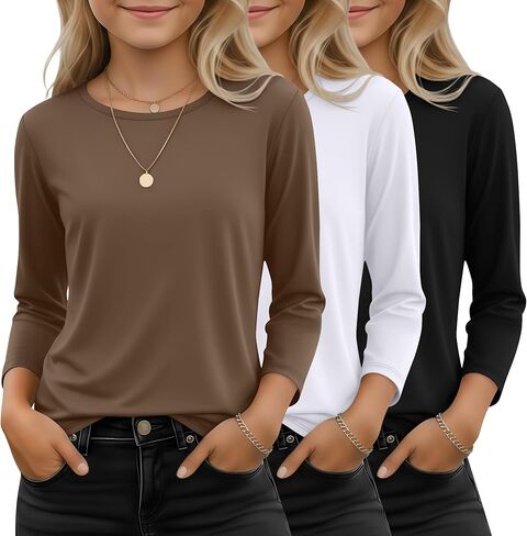 3 Pack Girls 3/4 Sleeve T Shirts Kids Crewneck Tops Casual Basic Spring and Summer Cute Fashion Tees 5-14Y in Saudi Arabia