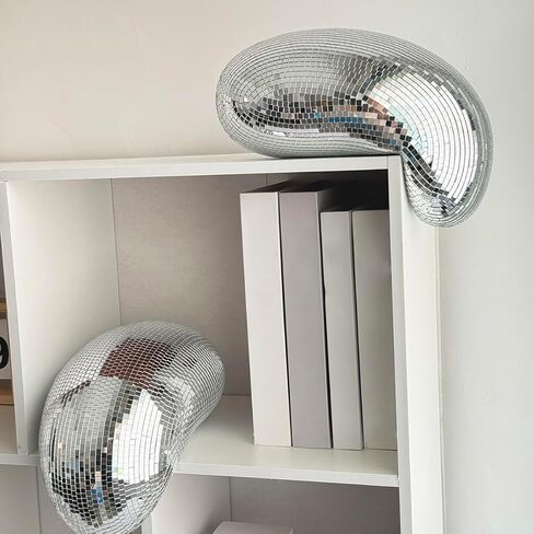 Melted Disco Ball Decor – Handmade 11″ Mirror Tile Dripping Centerpiece, Funky Aesthetic Room Ornament for Shelf, Table, Party, or Unique Retro Home Gift (Silver) in Kuwait