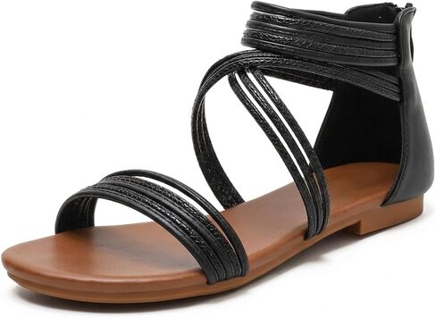 صنادل نسائية بأشرطة مطاطية وحزام للكاحل شبشب صيفي للشاطئ باللون الأسود in Kuwait