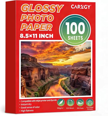 CAREGY 100 ورقة صور لامعة مقاس 8.5 × 11 بوصة، ورق طابعة صور نافثة للحبر، متوافق مع طابعة نافثة للحبر تستخدم حبر الصبغ، ورق صور احترافي (180 جم/48 رطل) in Kuwait