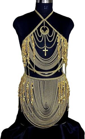 Medieval Gold Chain Body Armor Set for women- Goddess Chain Harness Set with Waist Skirt & Top | Lady Chainmail Costume Perfect For Cosplay-Roleplay Events, & Pary Wear Costume | LARP female armor in Saudi Arabia