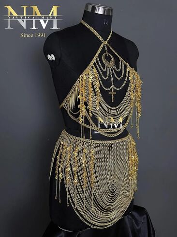 Medieval Gold Chain Body Armor Set for women- Goddess Chain Harness Set with Waist Skirt & Top | Lady Chainmail Costume Perfect For Cosplay-Roleplay Events, & Pary Wear Costume | LARP female armor in Saudi Arabia