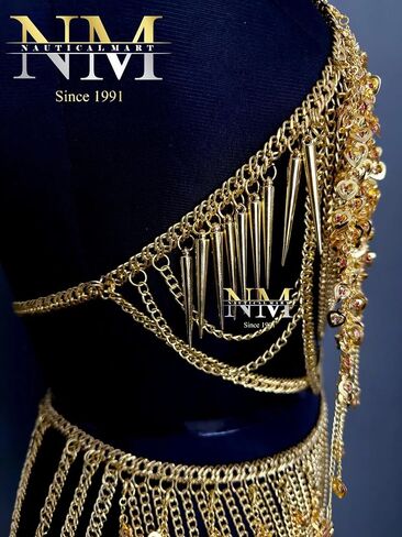 Medieval Gold Chain Body Armor Set for women- Goddess Chain Harness Set with Waist Skirt & Top | Lady Chainmail Costume Perfect For Cosplay-Roleplay Events, & Pary Wear Costume | LARP female armor in Saudi Arabia
