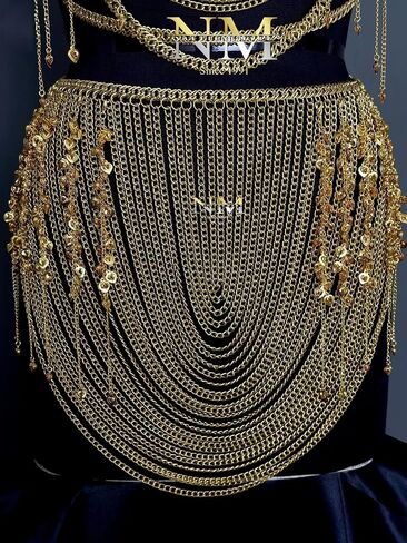 Medieval Gold Chain Body Armor Set for women- Goddess Chain Harness Set with Waist Skirt & Top | Lady Chainmail Costume Perfect For Cosplay-Roleplay Events, & Pary Wear Costume | LARP female armor in Saudi Arabia