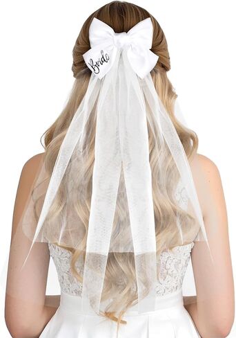 PHOGARY White Bow Bridal Veil, Bride to Be Tulle Veils Hair Decorations for Women Wedding Bridal Shower Bachelorette Party in Saudi Arabia
