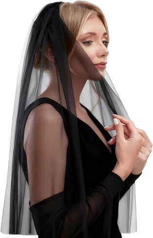 Black Veil Single Tier Tulle Veil Halloween Gothic Veils Waist Length Short Simple Veils Bridal Hair Accessories For Brides and Women Prom Evening in Saudi Arabia