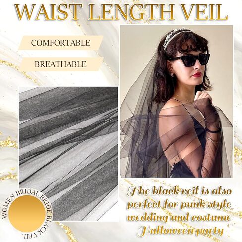 Black Veil Single Tier Tulle Veil Halloween Gothic Veils Waist Length Short Simple Veils Bridal Hair Accessories For Brides and Women Prom Evening in Saudi Arabia