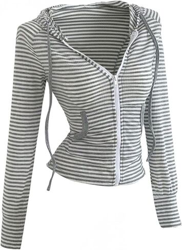 SweatyRocks Women's Striped Zip Up Hooded Jacket Long Sleeve Ribbed Lightweight Jackets with Pockets in Saudi Arabia