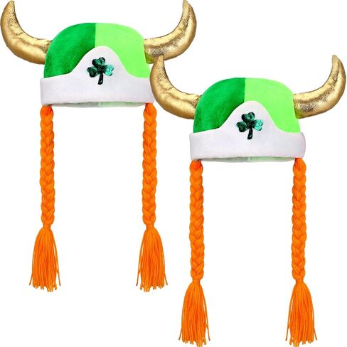 Silkfly 2 Pcs St. Patrick's Day Shamrock Viking Hat with Braids Green Clover Viking Helmet with Horns for Women Men in Saudi Arabia