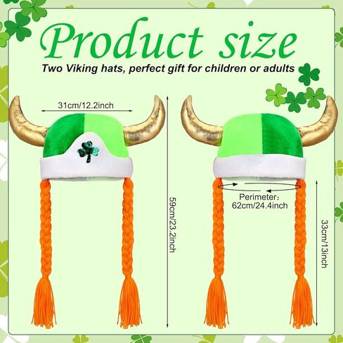 Silkfly 2 Pcs St. Patrick's Day Shamrock Viking Hat with Braids Green Clover Viking Helmet with Horns for Women Men in Saudi Arabia