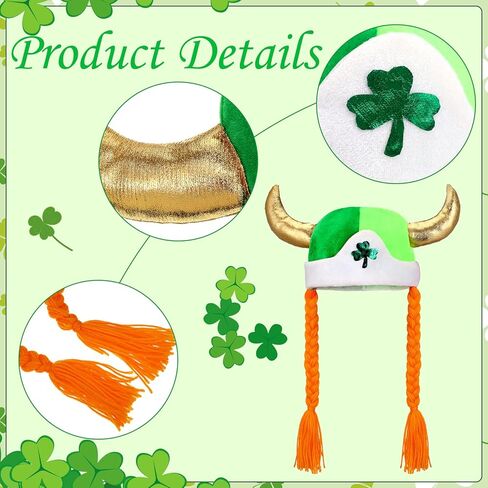 Silkfly 2 Pcs St. Patrick's Day Shamrock Viking Hat with Braids Green Clover Viking Helmet with Horns for Women Men in Saudi Arabia