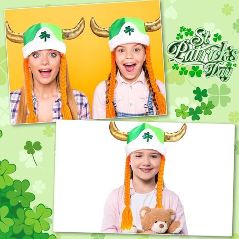 Silkfly 2 Pcs St. Patrick's Day Shamrock Viking Hat with Braids Green Clover Viking Helmet with Horns for Women Men in Saudi Arabia