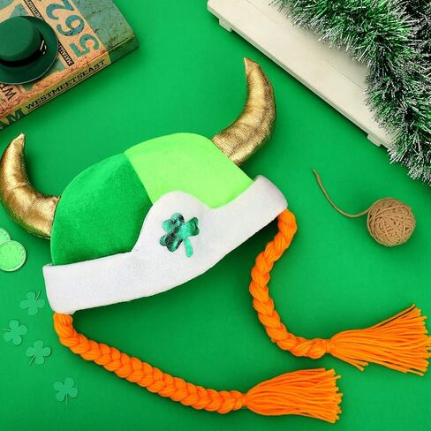 Silkfly 2 Pcs St. Patrick's Day Shamrock Viking Hat with Braids Green Clover Viking Helmet with Horns for Women Men in Saudi Arabia
