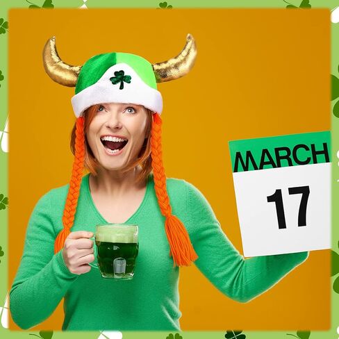 Silkfly 2 Pcs St. Patrick's Day Shamrock Viking Hat with Braids Green Clover Viking Helmet with Horns for Women Men in Saudi Arabia