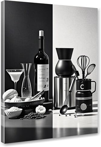 أبيض وأسود المطبخ قماش جدار الفن غرفة الطعام جدار ديكور زجاجة النبيذ التوابل ملعقة المطبخ صورة ملصق يطبع العمل الفني اللوحة غرفة الطعام مطعم بار ديكورات المنزل 12x16 بوصة مؤطرة in Kuwait
