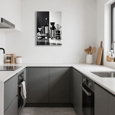 أبيض وأسود المطبخ قماش جدار الفن غرفة الطعام جدار ديكور زجاجة النبيذ التوابل ملعقة المطبخ صورة ملصق يطبع العمل الفني اللوحة غرفة الطعام مطعم بار ديكورات المنزل 12x16 بوصة مؤطرة in Kuwait