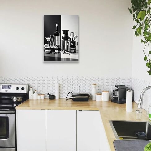 أبيض وأسود المطبخ قماش جدار الفن غرفة الطعام جدار ديكور زجاجة النبيذ التوابل ملعقة المطبخ صورة ملصق يطبع العمل الفني اللوحة غرفة الطعام مطعم بار ديكورات المنزل 12x16 بوصة مؤطرة in Kuwait