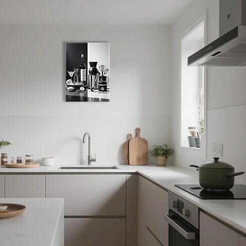 أبيض وأسود المطبخ قماش جدار الفن غرفة الطعام جدار ديكور زجاجة النبيذ التوابل ملعقة المطبخ صورة ملصق يطبع العمل الفني اللوحة غرفة الطعام مطعم بار ديكورات المنزل 12x16 بوصة مؤطرة in Kuwait
