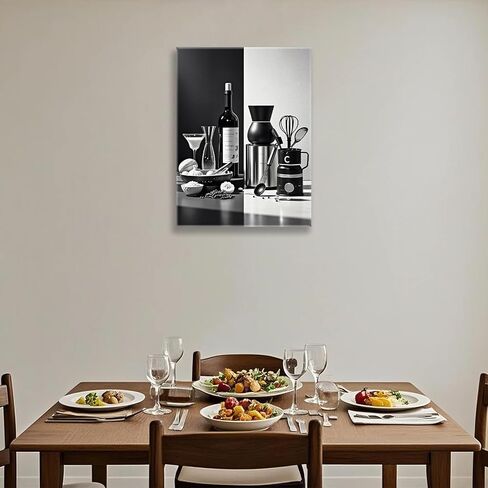 أبيض وأسود المطبخ قماش جدار الفن غرفة الطعام جدار ديكور زجاجة النبيذ التوابل ملعقة المطبخ صورة ملصق يطبع العمل الفني اللوحة غرفة الطعام مطعم بار ديكورات المنزل 12x16 بوصة مؤطرة in Kuwait